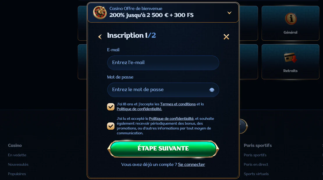 Millioner Casino formulaire d’inscription avec offre de bienvenue, e-mail, mot de passe et acceptation des conditions